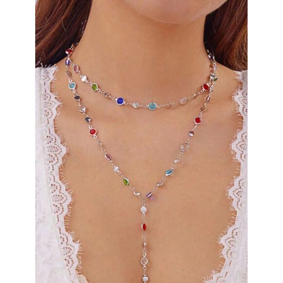 Multi Color Cubic Zirconia Y Necklace Choker Double Layer Silver Chain Set New - Picture 1 of 4